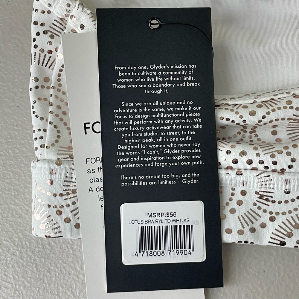 GLYDER NWT LOTUS SPORTS BRA WHITE GOLD FOIL EXTRA SMALL - Picture 5 of 8